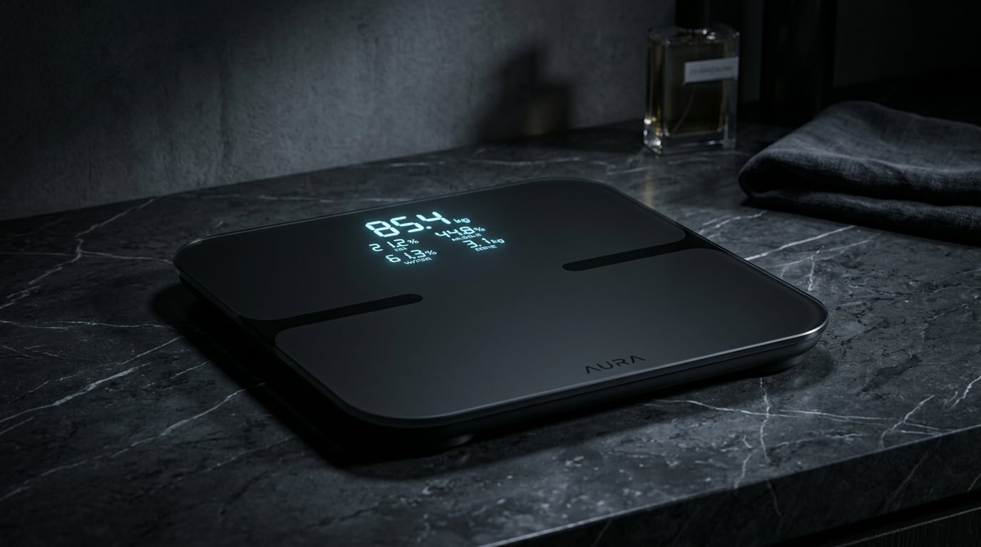 Premium smart body composition scale with illuminated display showing hydration metrics